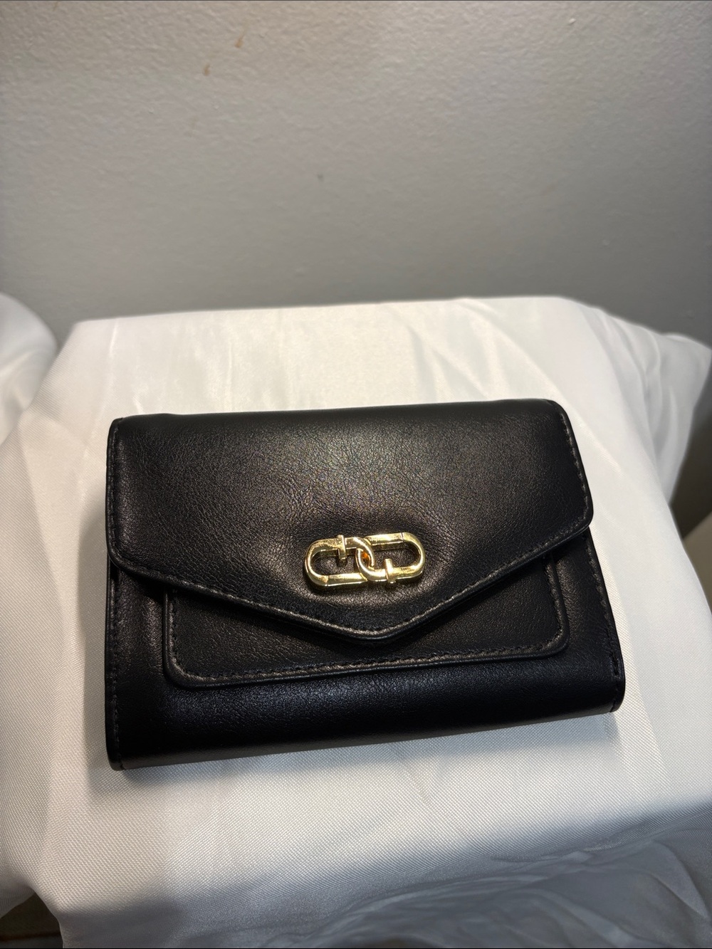 Black Leather Women's Wallet with Gold Hardware